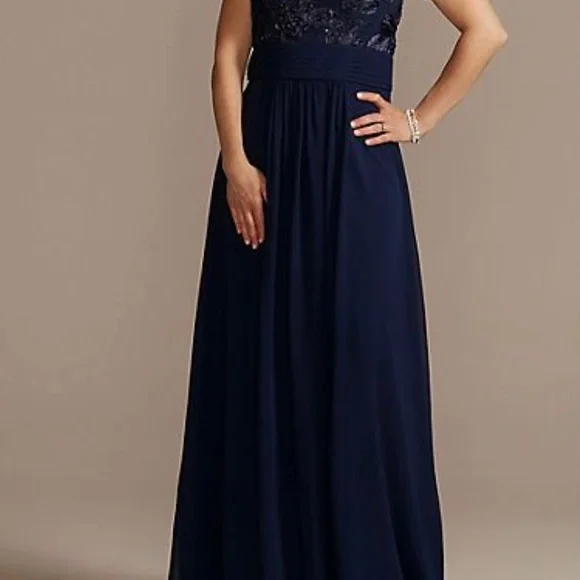 david's bridal navy blue prom dress Davids Bridal Embellishd Beaded Xscape Womens Navy Blue Formal Dress in  Size 16